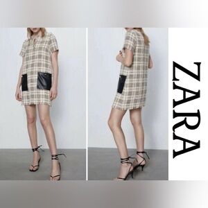 Zara Beige Plaid Tweed Tunic Mini Dress with faux Leather Pockets